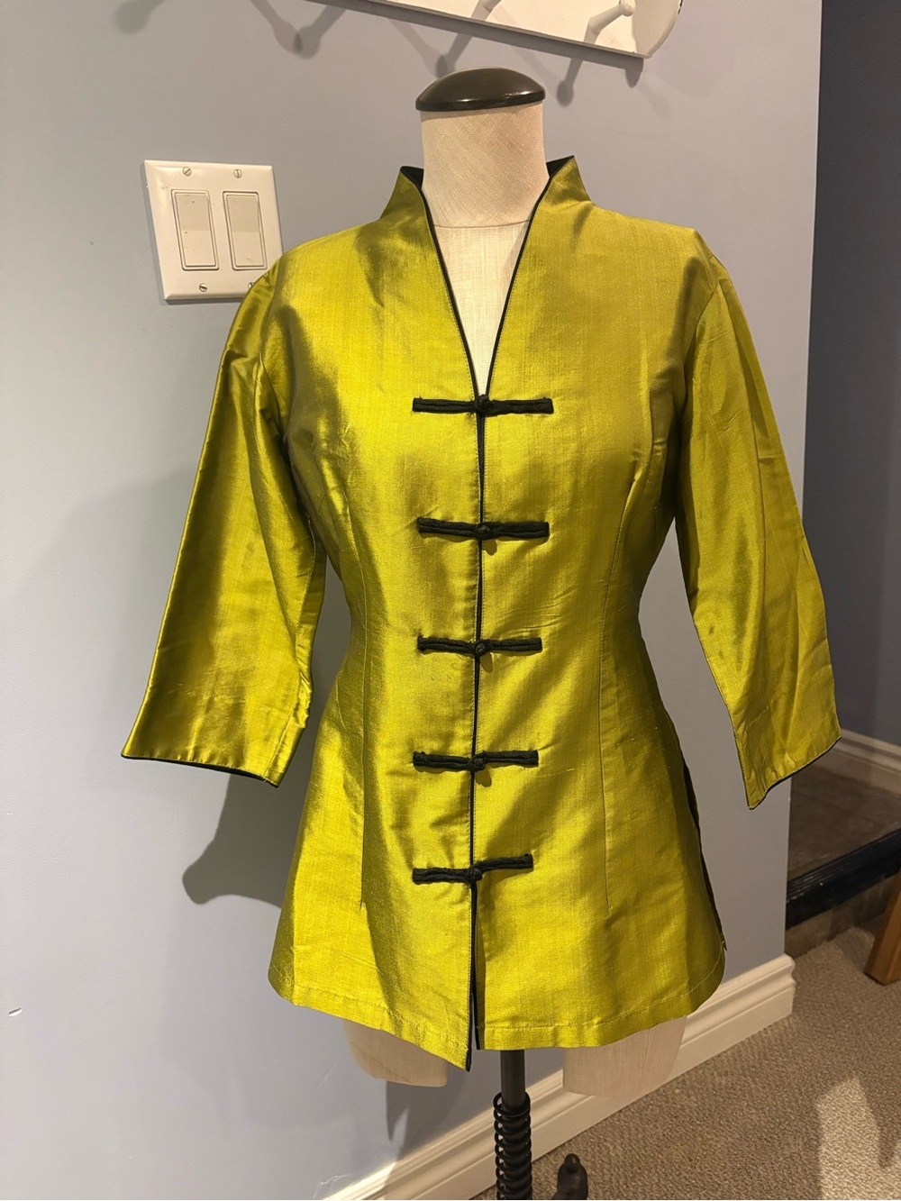 Olive Green Silk Mandarin Jacket with Frog Closures